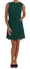 Women's Green Floral Cutout Silk Wool Dress