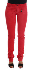 Women's Red Cotton Stretch Slim Jeans Clothing