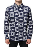 Men's Blue Crown Logo Print Slim Fit Cotton Shirt And White Elastane