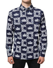 Men's Blue Crown Logo Print Slim Fit Cotton Shirt And White Elastane