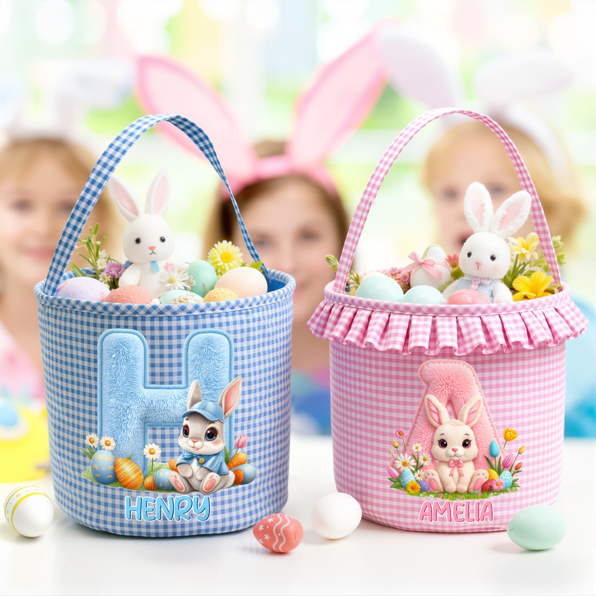 Conejito de Pascua Personalizado Flor con iniciales Cesta de Pascua a cuadros de gran capacidad con nombre Huevos de caza Fiesta de Pascua Regalo para niños Niñas