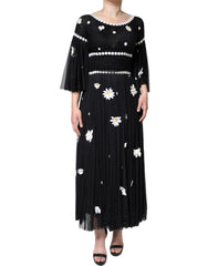 Women's Black Silk Daisy A-Line Long Maxi Dress