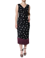Women's Black Silk Polka Dot Vneck Tassel Midi Dress Elastane