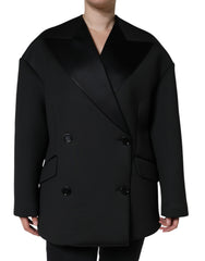 Women's Black Polyester Double Breasted Coat Jacket Silk Elastane Clothing
