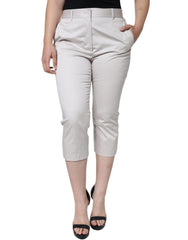 Women's White Cotton Mid Waist Cropped Skinny Pants Elastane
