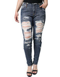 Women's Blue Cotton Stretch Tattered Skinny Jeans White Elastane Clothing