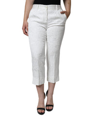 Women's White Floral Brocade Cotton Cropped Pants Viscose Elastane