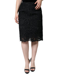 Women's Black Floral Lace High Waist Pencil Cut Skirt Polyester Viscose Cotton