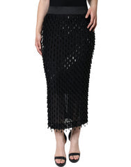 Women's Black Embellished Pencil Cut Midi Skirt Nylon Elastane