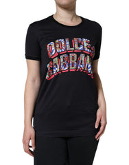 Women's Black Cotton Logo Print Round Neck T-Shirt