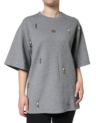 Women's Embellished Cotton Blend T-Shirt Gray Nylon