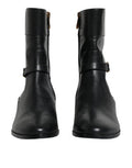 Women's Black Leather Logo Mid Calf Boots Shoes