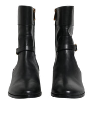 Women's Black Leather Logo Mid Calf Boots Shoes