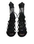 Women's Black Tulle Stretch Heels Sandals Shoes Leather