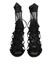 Women's Black Tulle Stretch Heels Sandals Shoes Leather