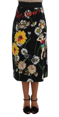 Women's Black Embellished Daisy Brocade Skirt Viscose
