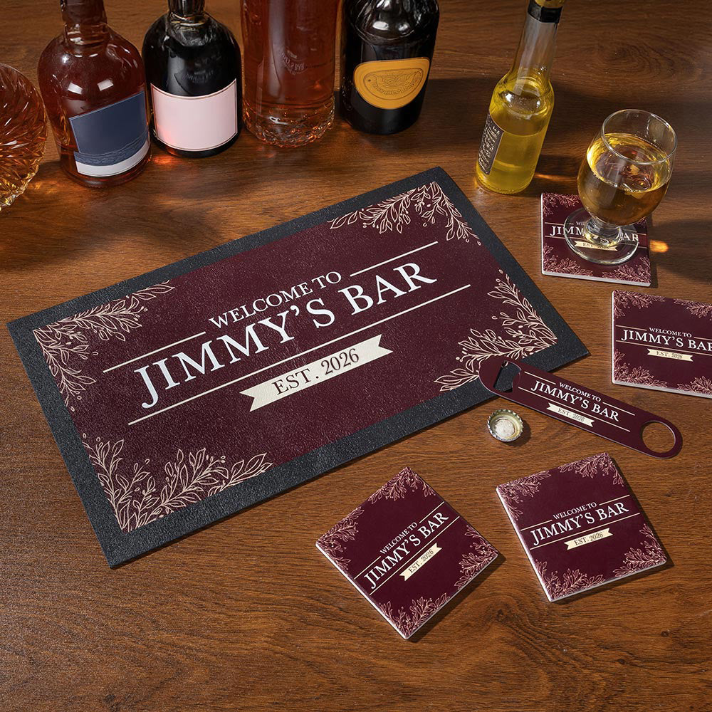 Portavasos de Bar Personalizado con Hojas Retro Abrebotellas con Texto y Año Inicio Bar Accesorios Apertura Cumpleaños Regalo para Camarero Amante del Cocktail