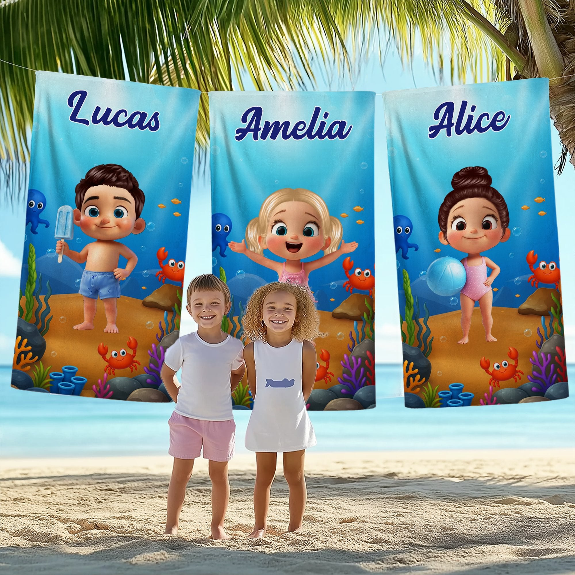Toalla de playa personalizada de dibujos animados para niños, de gran tamaño y secado rápido, con el nombre Summer Pool Essentials Party Birthday Gift for Boys Girls