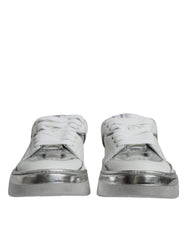 Women's White Silver Leather Low Top Sneakers Shoes