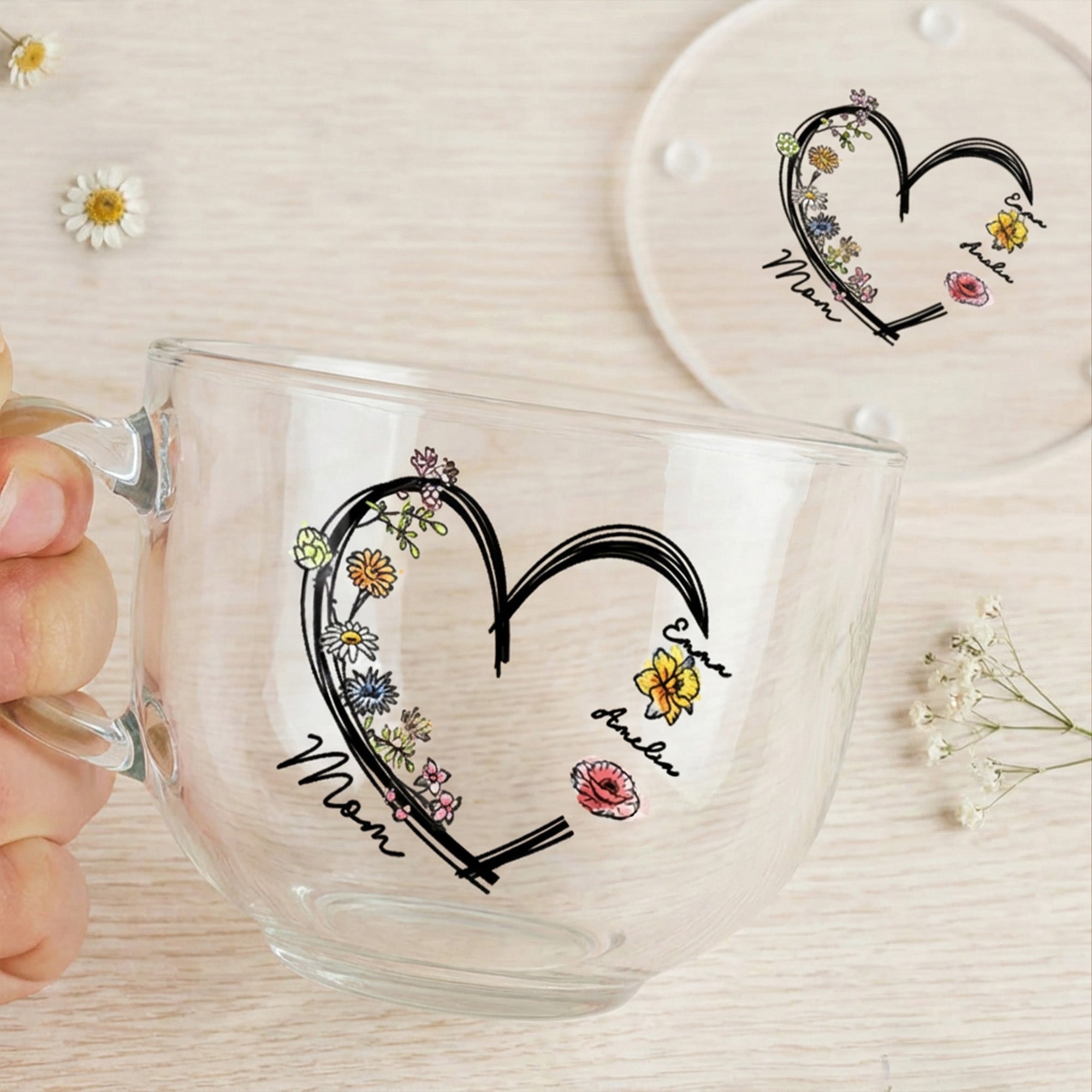 Personalizado 1-6 Nacimiento Flores Corazón 16 oz Taza de cristal transparente con posavasos Apodo y nombres Cumpleaños Día de la Madre Regalo para mamá Abuela