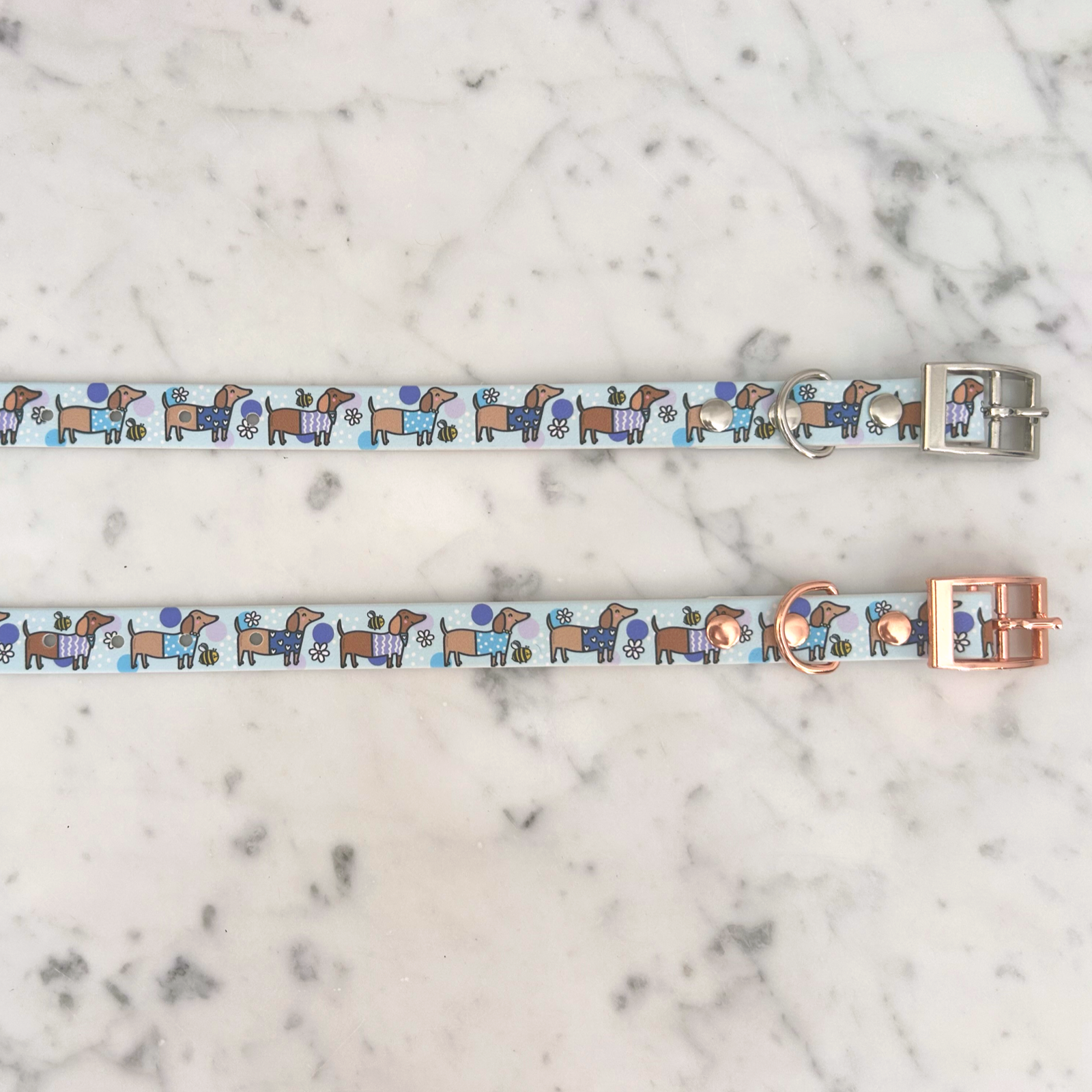 Bee Happy Dachshunds Blue Handmade Dog Collar