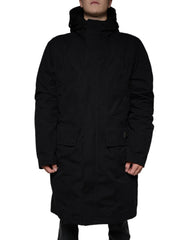 Men's Black Hooded Parka Cotton Trench Coat Jacket Polyester Silk Clothing
