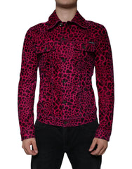 Men's Fuchsia Leopard Button Down Collared Jacket Cotton Elastane Clothing