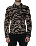 Men's Brown Tiger Button Down Collared Jacket Black And Cotton Elastane Clothing