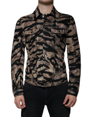 Men's Brown Tiger Button Down Collared Jacket Black And Cotton Elastane Clothing