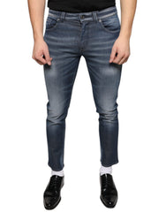 Men's Dark Blue Washed Cotton Skinny Denim Jeans Elastane Clothing