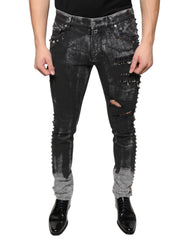 Men's Black Embellished Cotton Skinny Denim Jeans Elastane Clothing