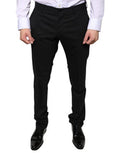 Men's Black Wool Skinny Dress Formal Pants Virgin Elastane