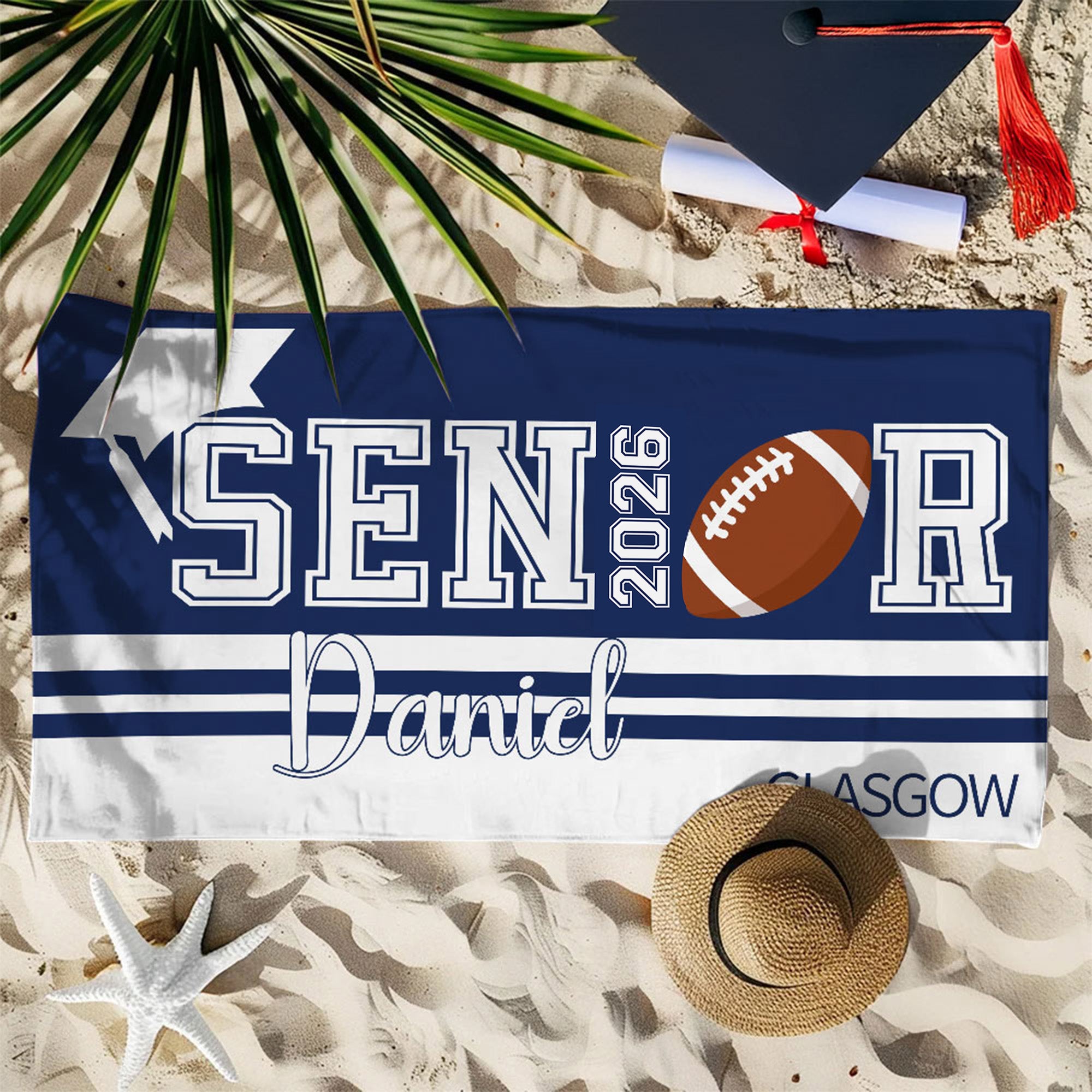 Toalla de playa de gran tamaño de secado rápido con el nombre de la escuela y el año Regalo de graduación para fiesta en la playa para graduados