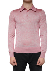 Men's Long-Sleeve Knit Polo Pink Polyester Cotton