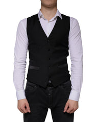 Men's Black Wool Waistcoat Dress Formal Vest Virgin Polyester Silk