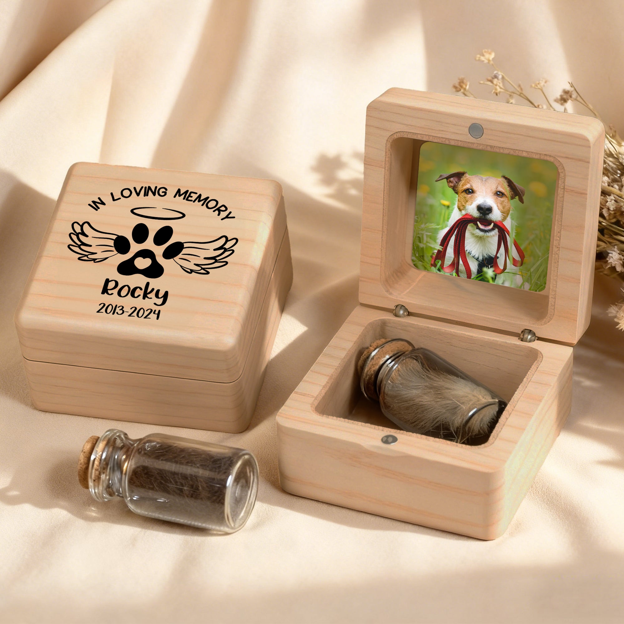 Personalizado Angel Wings Foto Pet Fur Keepsake Botella Caja de madera magnética Set con nombre y año Pet Loss Memorial Gift for Pet Owners