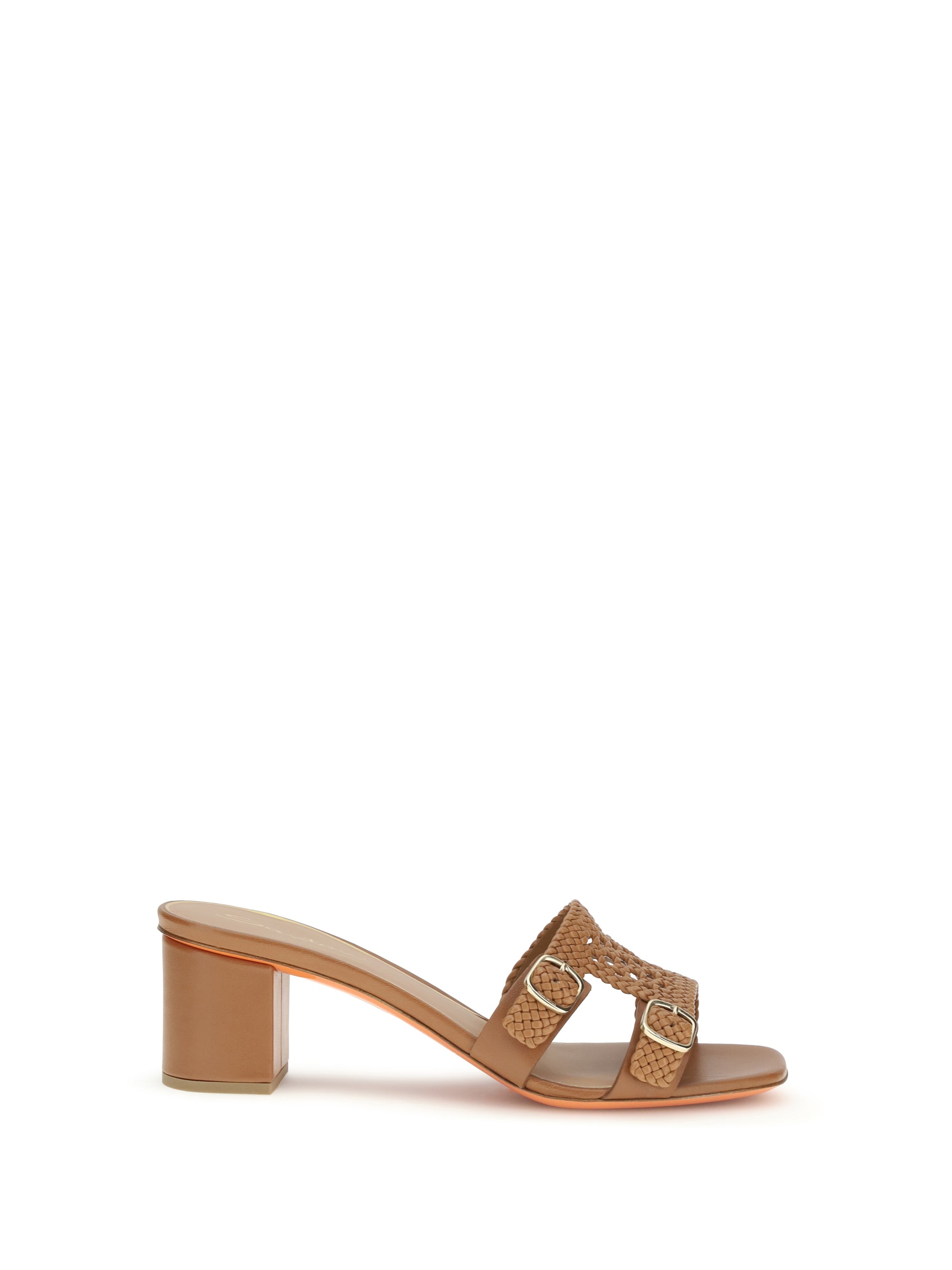 Santoni Woven Leather Block Heel Sandals — Brown