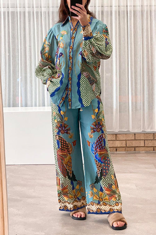 Birds Printed Puff Long Sleeves Blouse Shirt Wide Leg Pants Vacation Set