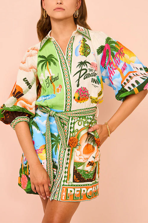 Lantern Sleeves Tie Waist Cotton Linen Resort Print Shirt Dress