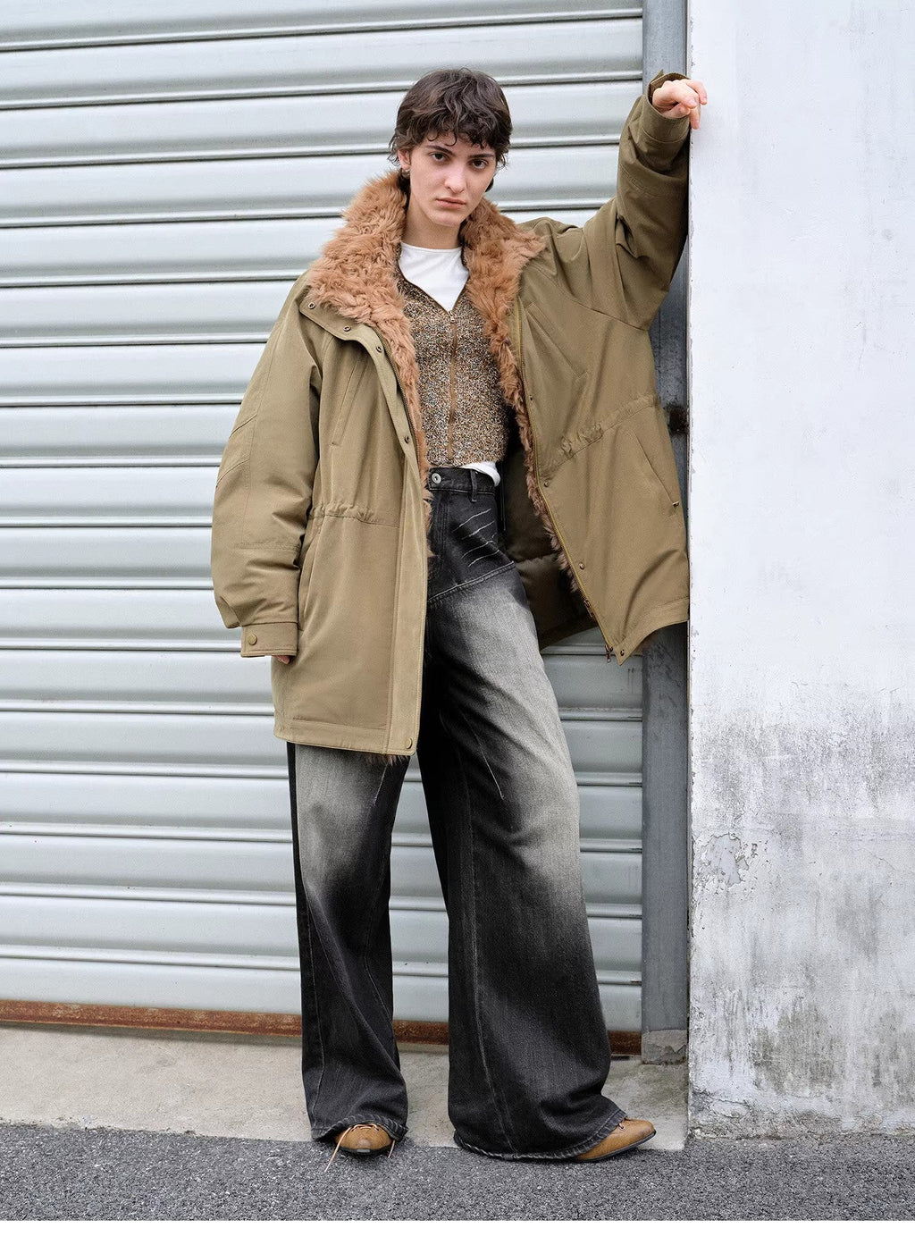 Amber Pine Forest fashionable Toka curly collar 90 goose down H-type drawstring mid-length parka down jacket
