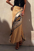 High Waist Stripes Splice Printed Maxi Irregular Skirt