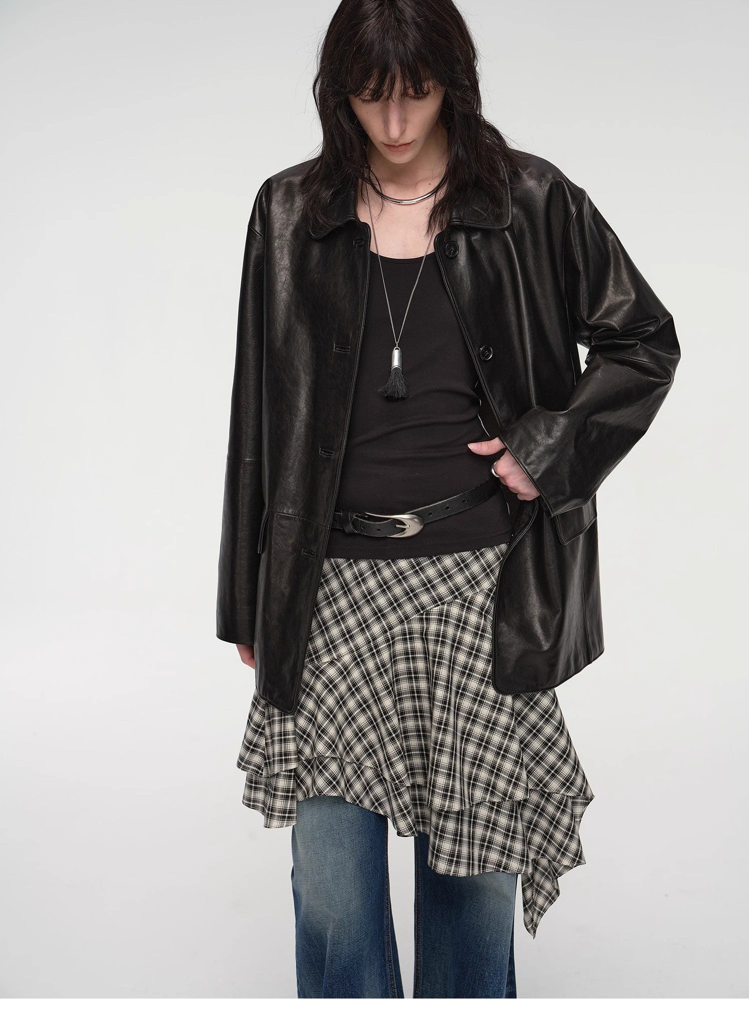 Fashionable Kuoxi goatskin simple and versatile retro suit-style leather windbreaker jacket