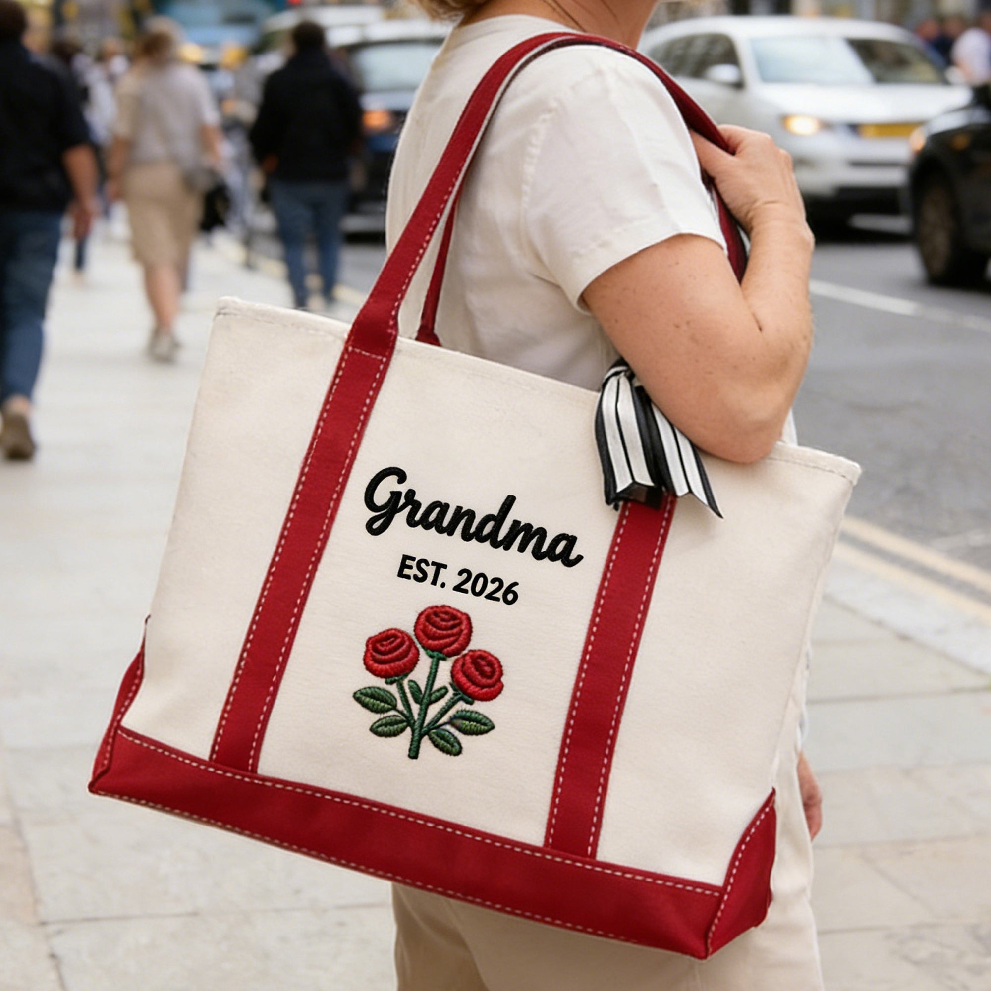 Personalizada Rosa Bordada Nombre Gran Capacidad Bolsa Tote con Título y Año Uso Diario Cumpleaños Día de la Madre Regalo para Mujer Mamá