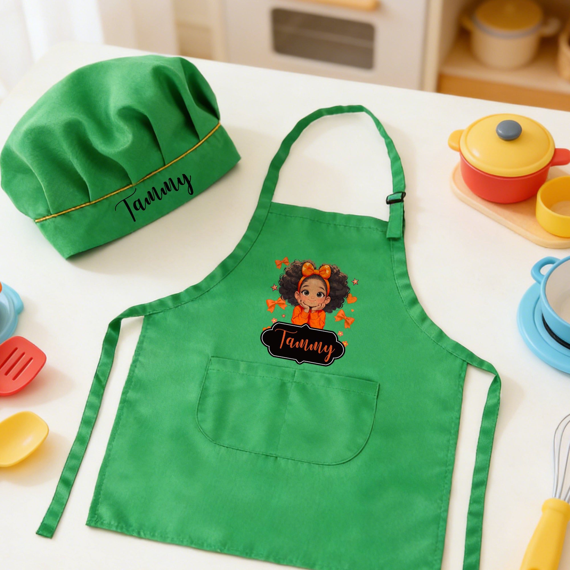 Set de Delantal de Chef con Bolsillo para Cocinar, Personalizado, Regalo de Cumpleaños para Niña de Color Negro.