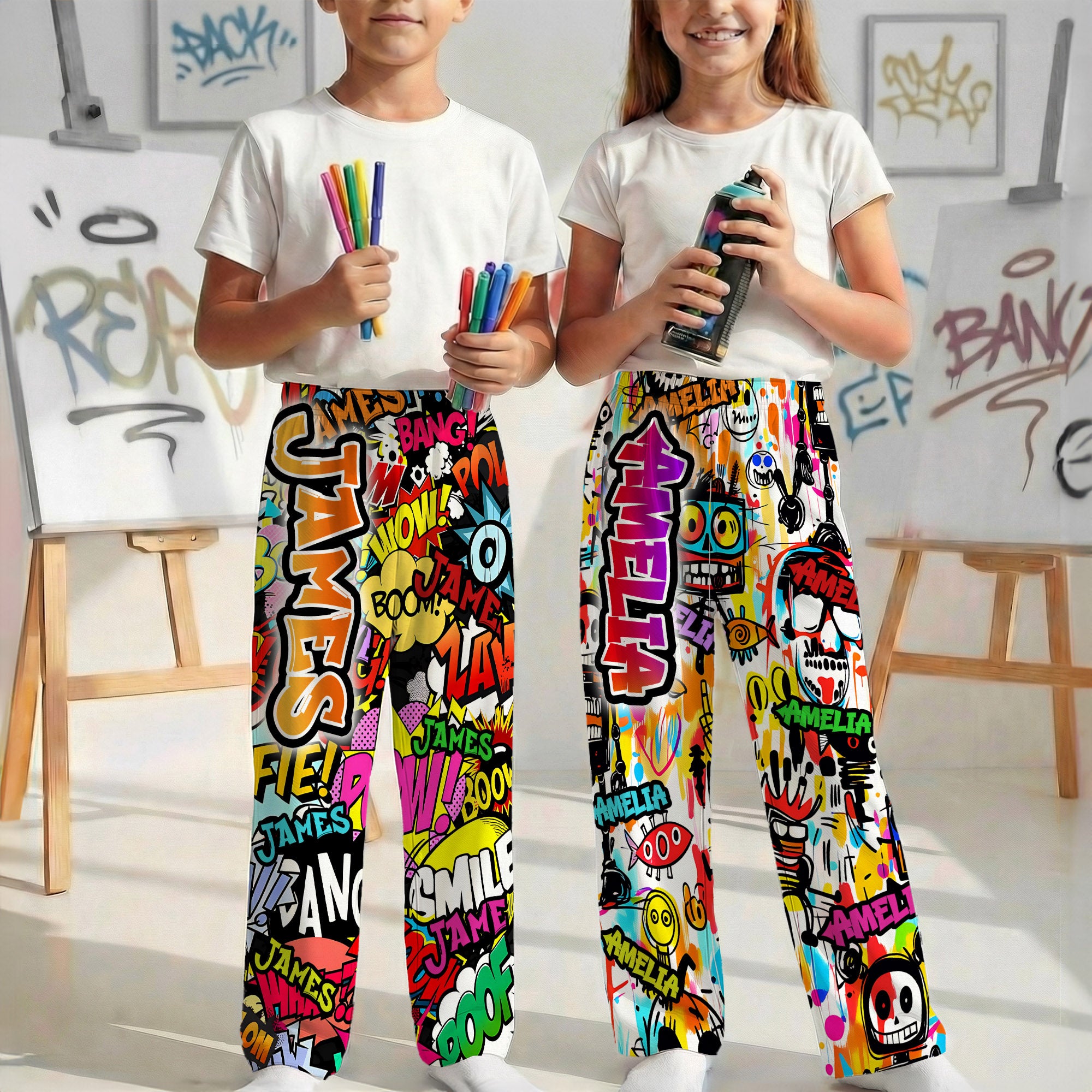 Personalizado Graffiti-Art Diseño Niño Mujer Hombre Pantalones de pijama con nombre de colores y cordón de desgaste diario Regalo de cumpleaños para los niños de la familia