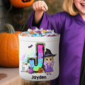 Personalizada de dibujos animados de niño niña inicial Trick or Treat Bolsa Candy Bucket con el nombre de Halloween Fiesta de Favores para los niños