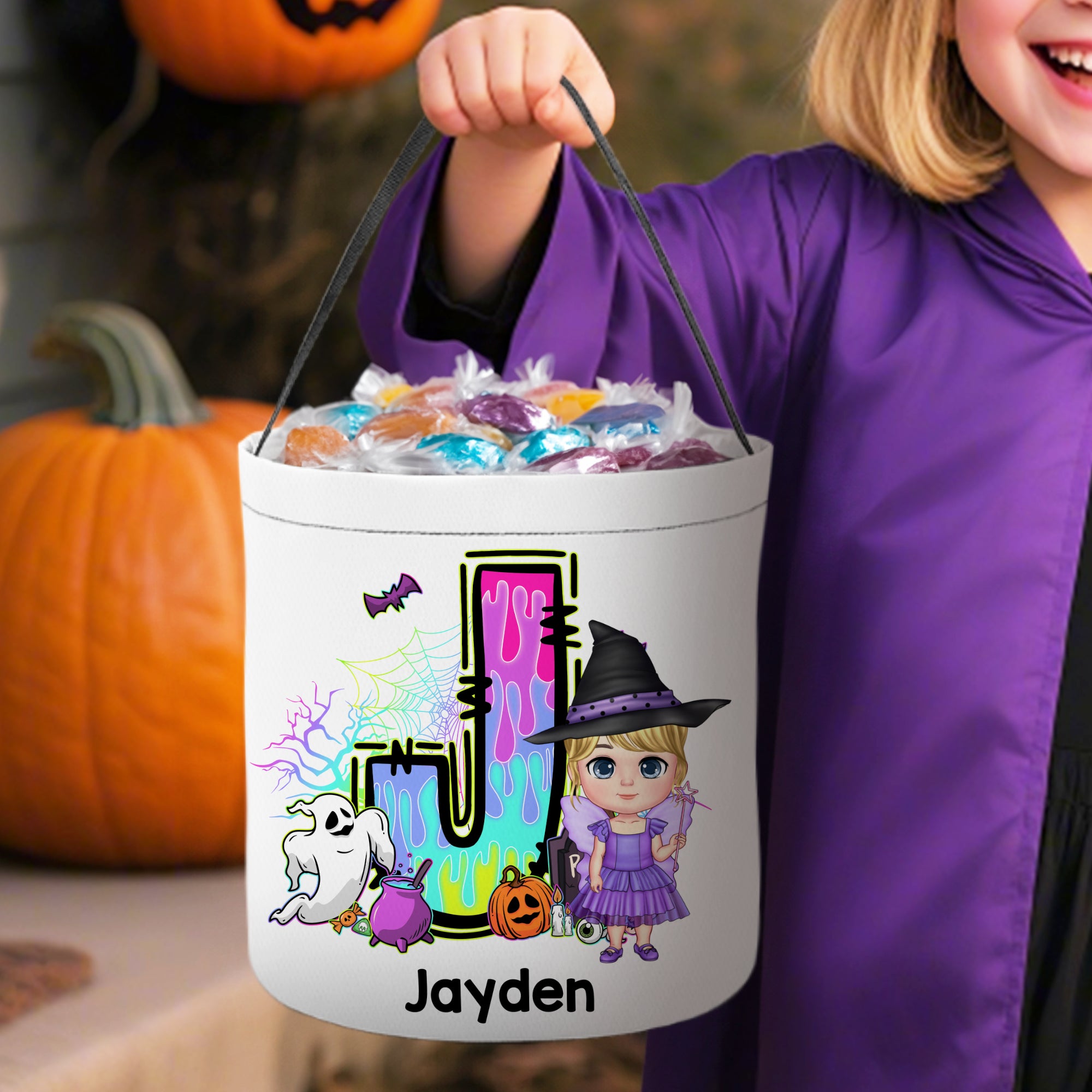 Personalizada de dibujos animados de niño niña inicial Trick or Treat Bolsa Candy Bucket con el nombre de Halloween Fiesta de Favores para los niños