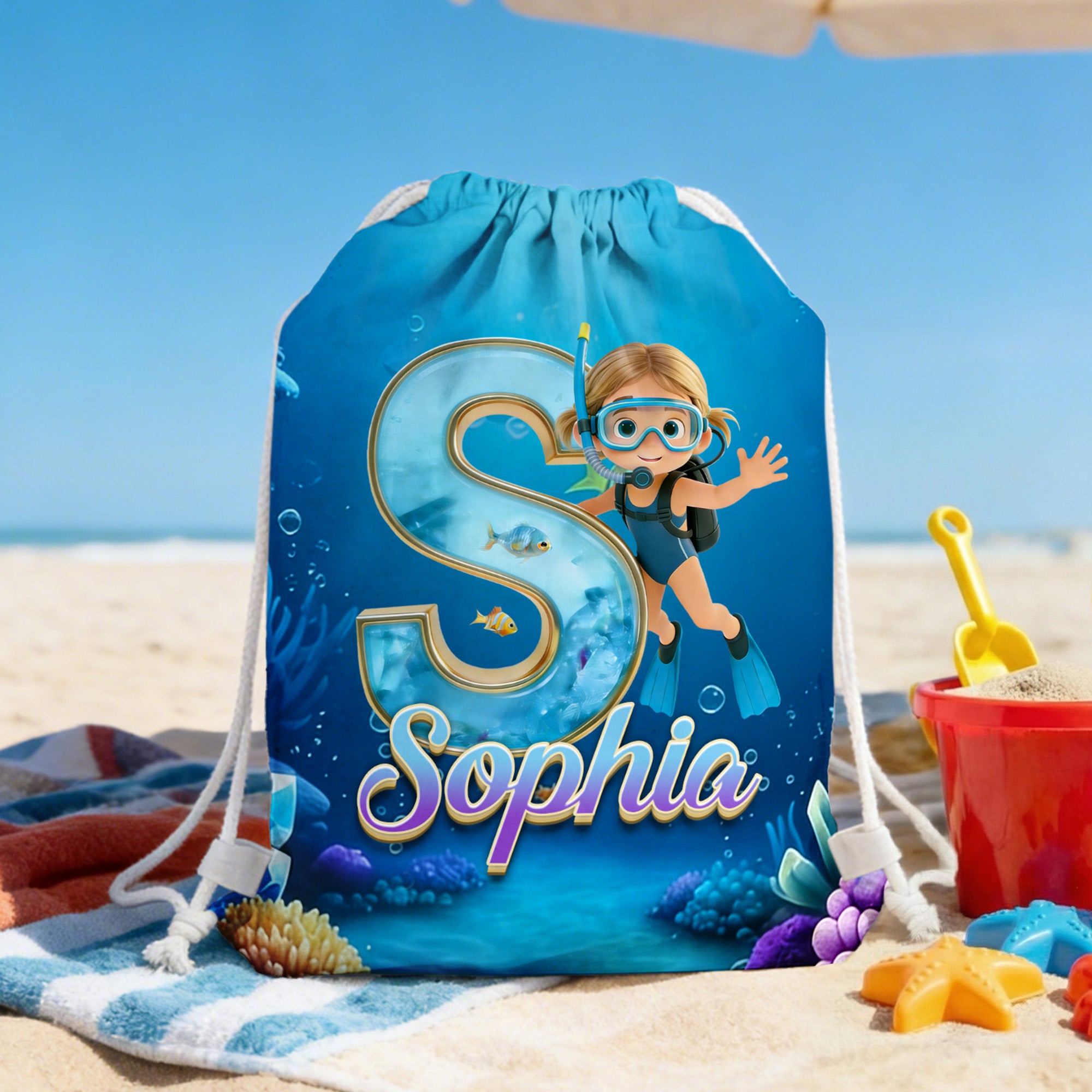 Personalizada Caricatura Buceo Carácter Inicial Bolsa de cordón con nombre Actividades al aire libre Playa Fiesta Cumpleaños Regalo para Niños Familia