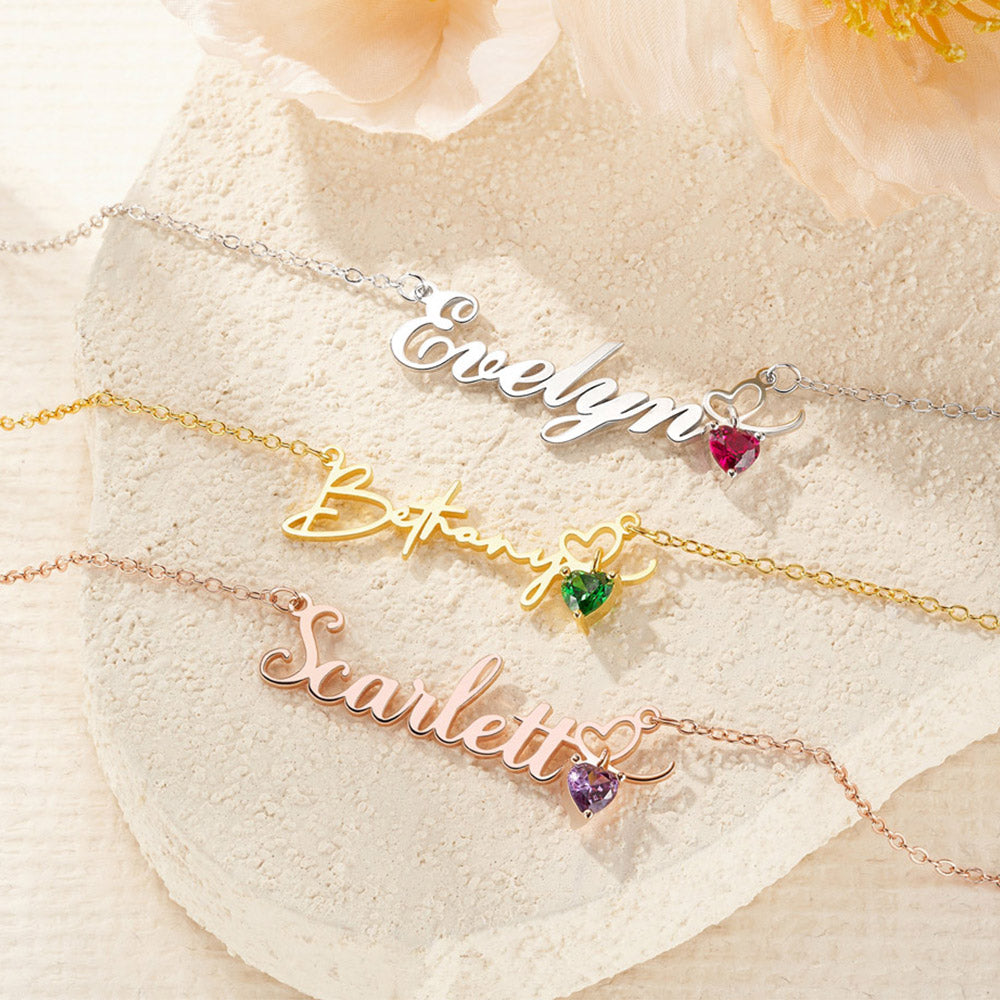 Personalizada Dainty Nombre Collar con Corazón Birthstone Día de San Valentín Cumpleaños Aniversario de regalo para las mujeres
