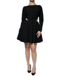 Women's Black Viscose Cut Out A-Line Long Sleeves Mini Dress Nylon Elastane